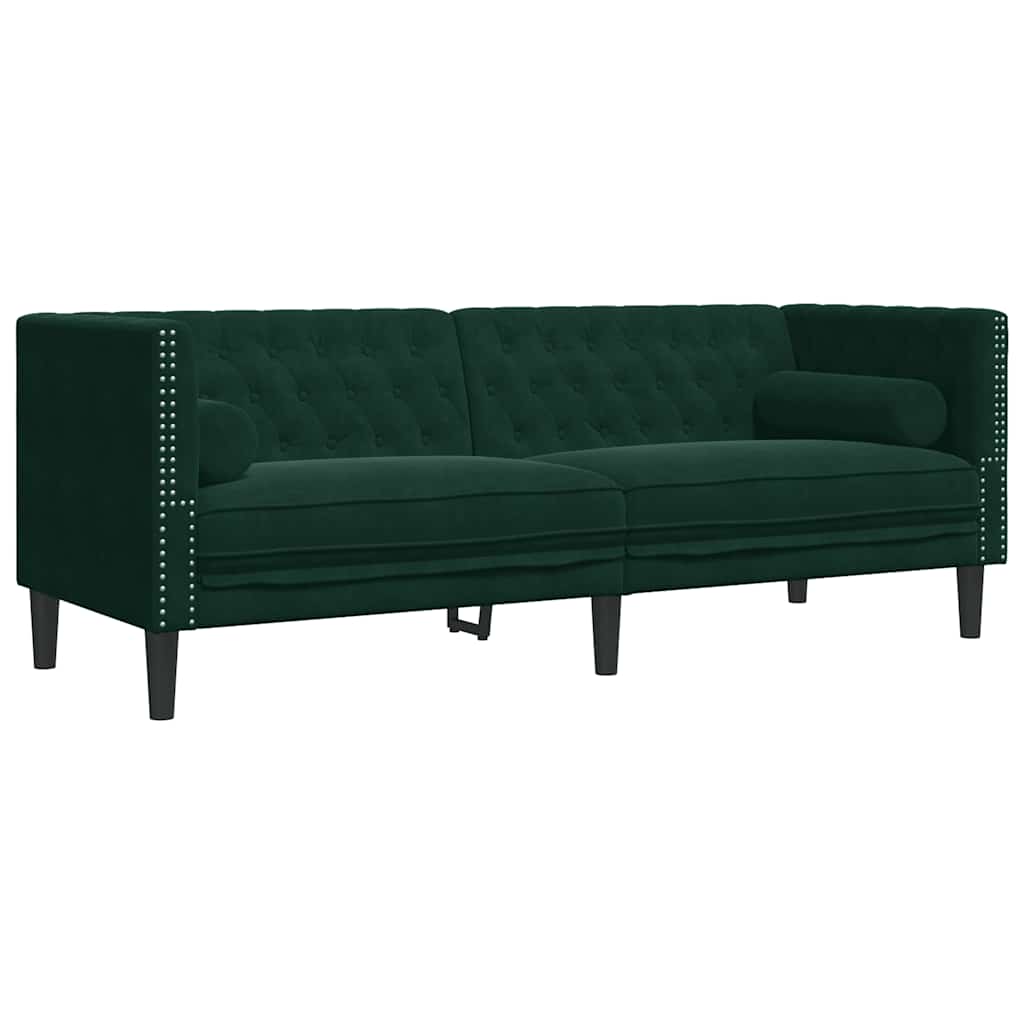 Vidaxl Sofa Chesterfield Z Wałkami, 3-Osobowa, Ciemnozielona, Aksamit