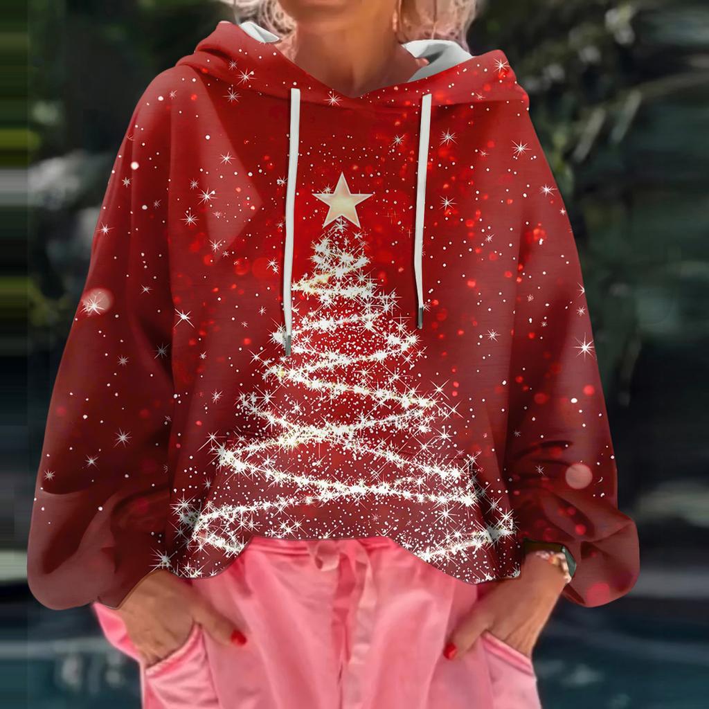 Women's Christmas Printed Loose Casual Long Sleeved Hooded Sweatshirt