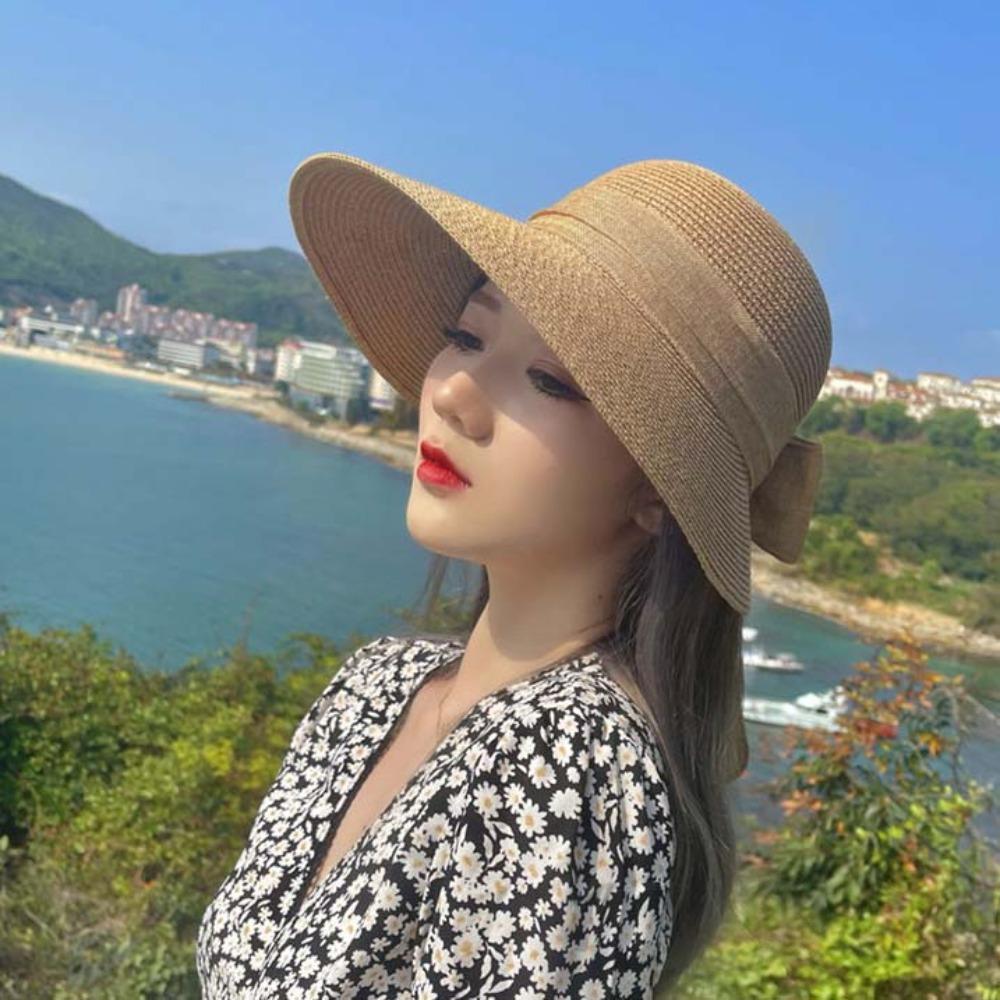 Hollow Out Straw Weaving Beach Hat Breathable Foldable Bucket Hat Bow Fisherman Cap Spring