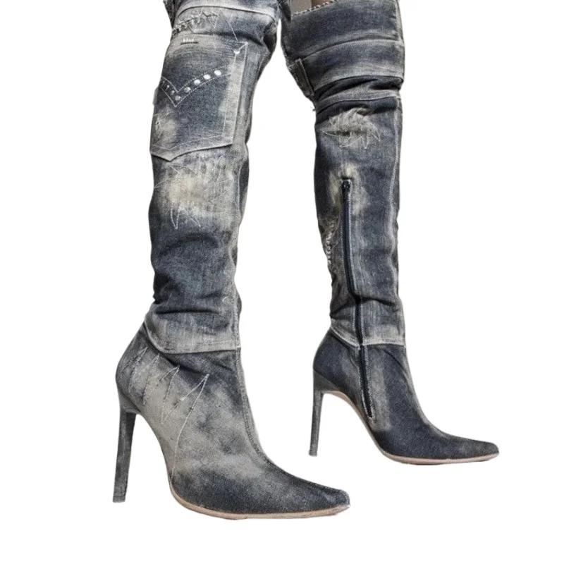 Мода 2024 года, высококачественная женская обувь, женские сапоги на молнии, модные современные сапоги с заклепками, женские сексуальные сапоги с острым носком до колена, Zapatos Mujer