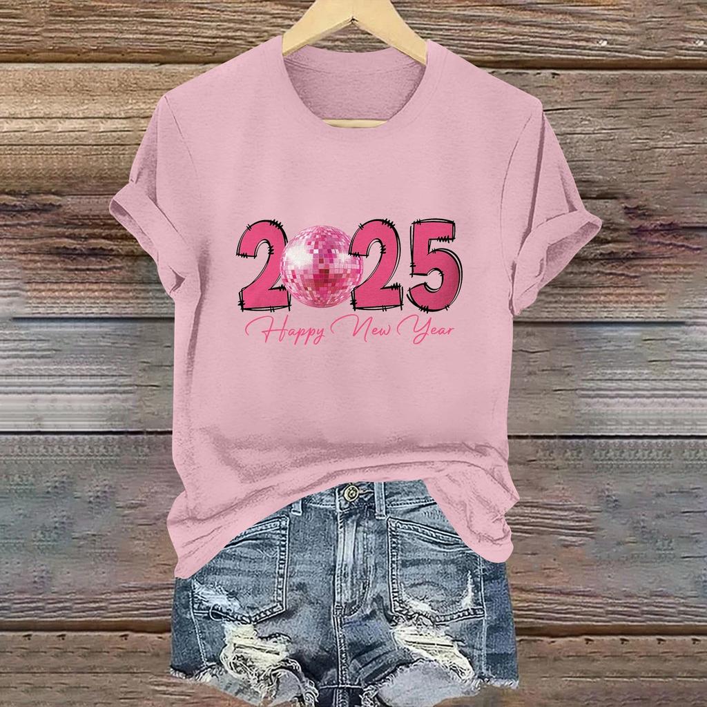 Women's Long Sleeve Round Neck T-Shirts 2025 New Year Print Puff Sleeve Shirts Button Blouses Tops