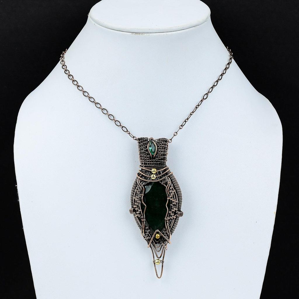 Lab-Created Emerald Gemstone Jewelry Pure Copper Wire Wrapped Handmade Pendant For Gift