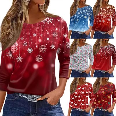 Женская футболка с рождественским принтом, рукав 3/4, повседневная, модная, на выходные, базовая, с круглым вырезом, стандартный топ