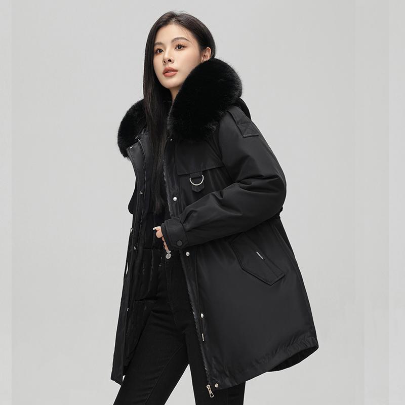 Autumn Winter Thicken Warm Detachable Parka Women Casual Fur Collar Solid Color Big Pocket Loose Hooded Coat Jackets Three-way Wear Outwear