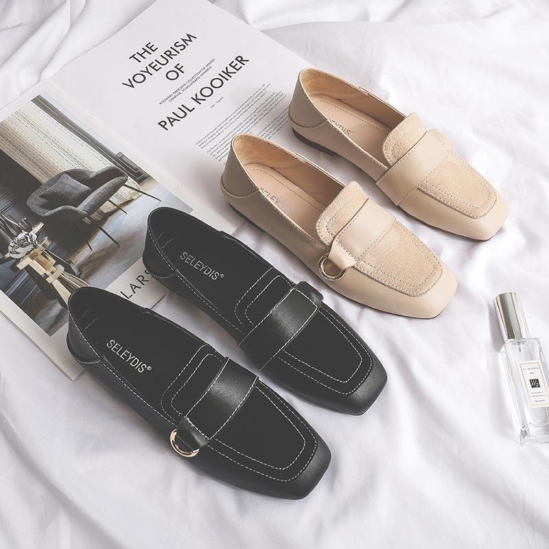 Новые весенние женские туфли в корейском стиле с неглубоким воротом и плоским квадратным носком, одна педаль, ленивые кожаные туфли, гороховые туфли