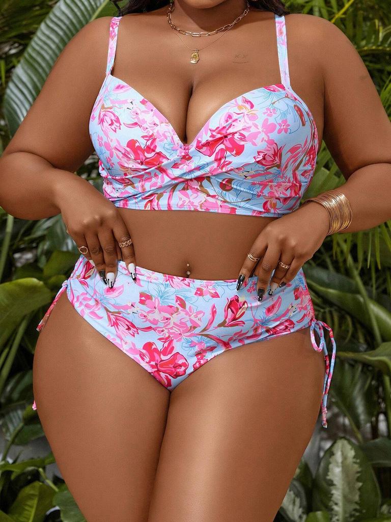 Винтажный купальник из двух предметов размера плюс, купальник с эффектом пуш-ап, женский купальный костюм, пляжная одежда на бретельках, купальные костюмы для женщин