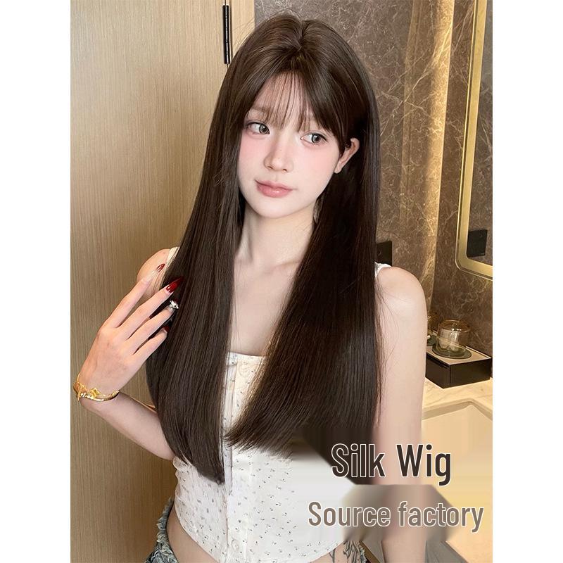 Silk Happy Long Straight Black/Brown Wigs for Women with Round Faces - Natural Lolita Style