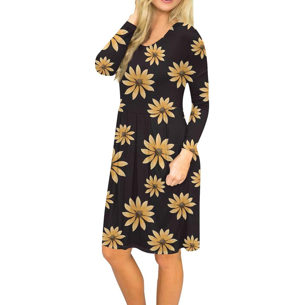 Женское платье с длинным рукавом, плиссированное, свободное, повседневное платье с карманами, платья длиной до колена