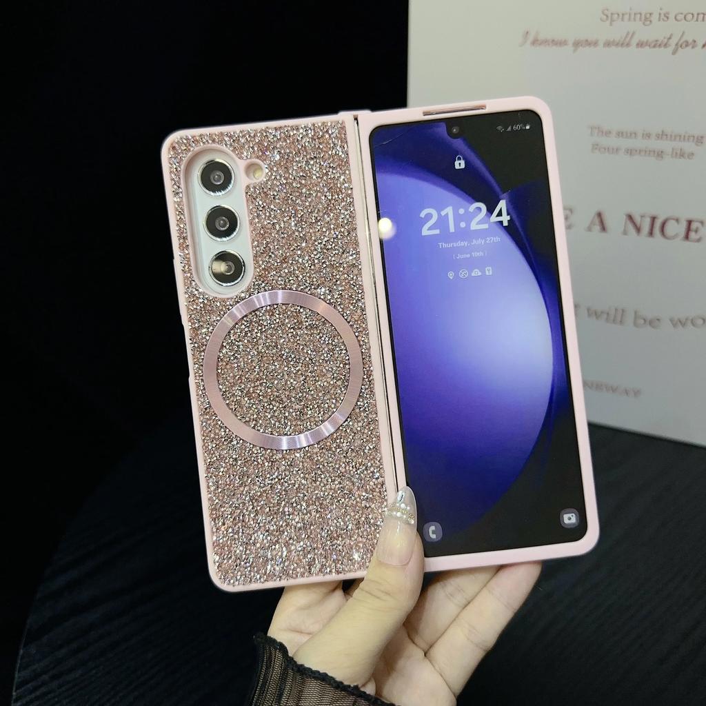Блестящий Алмазный Чехол-Брошь для Samsung Galaxy Z Fold 7 6 5 4 3 Fold7 ТПУ Мягкий Край Магнитная Крышка Женский Девушка