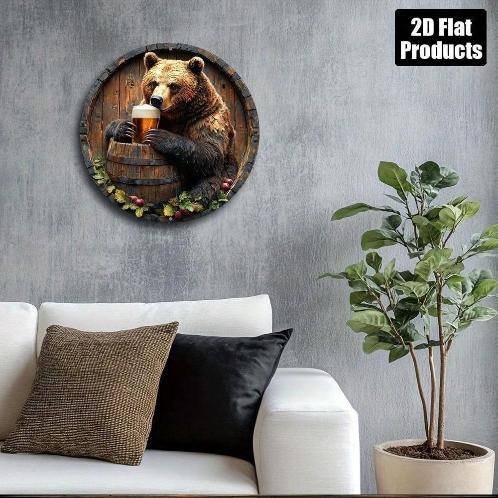 Vintage Bear Beer Round Metal Wall Sign 8x8 Inch Aluminum Plaque Bar Kitchen Home Decor