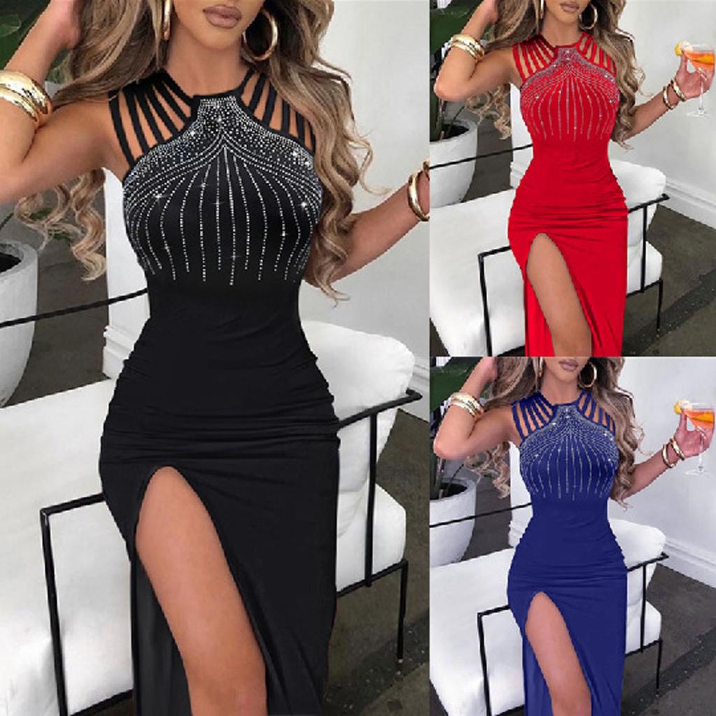 Women's Slim Fit Drilling Split Hip Package Hip Dress Nightclub Party Dress