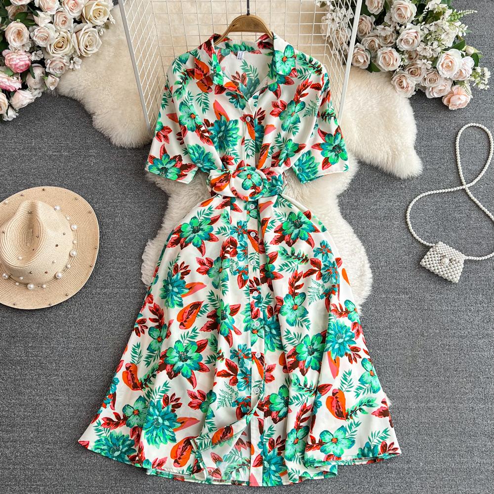 Women's Floral Print Dress A-line Elegant Vintage Lady Summer Dresses with Belt Casual Vestidos