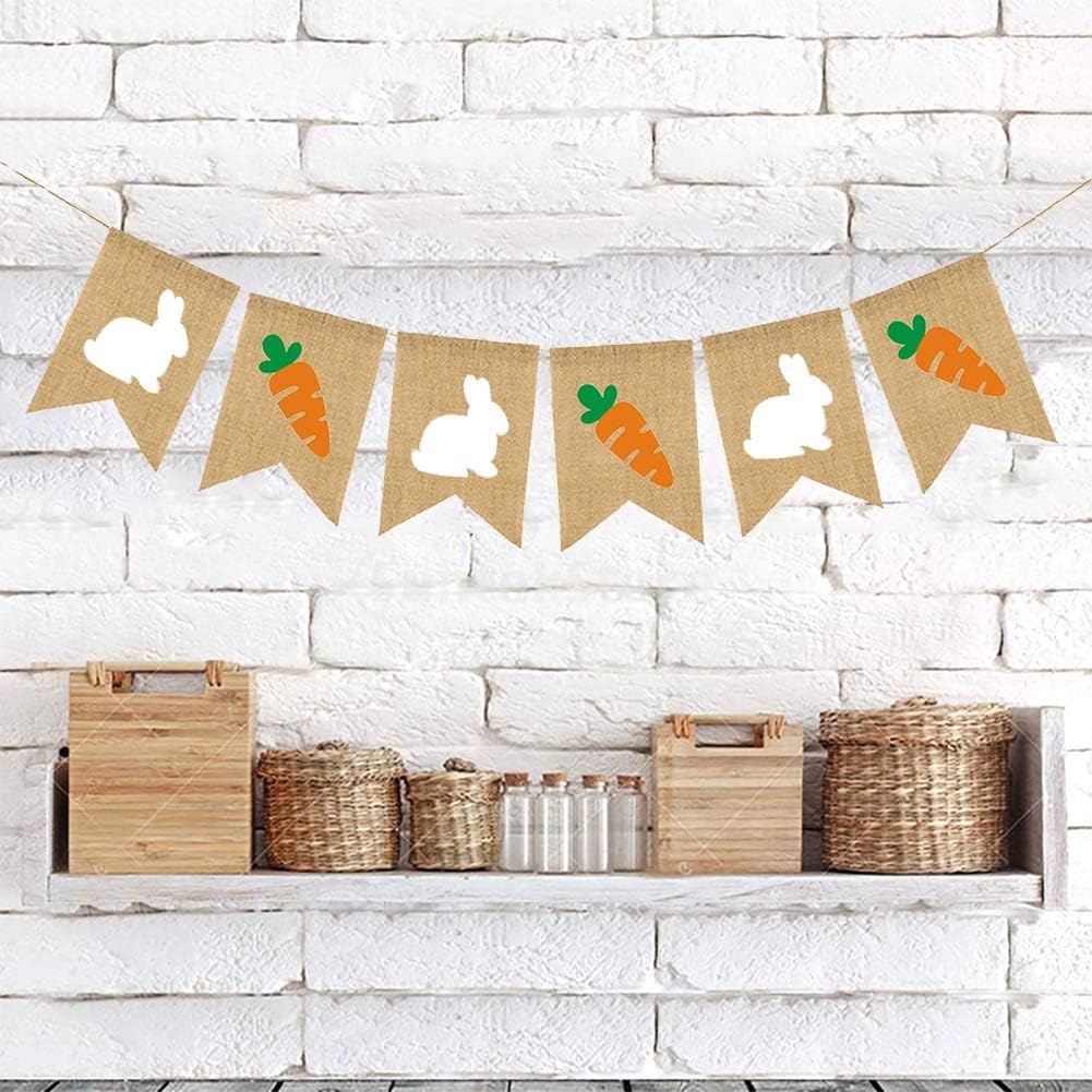 Burlap Rabbit Radish Garland Banners, Bunny Burlap for Easter Decorations Home Office School Outdoor Party Supply
