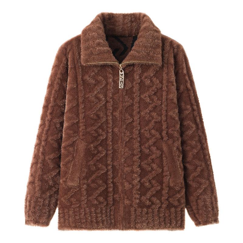 Вязаное пальто из искусственного норкового бархата для матери среднего возраста, большой размер, утолщенный женский свитер, повседневная куртка-кардиган на молнии для бабушки