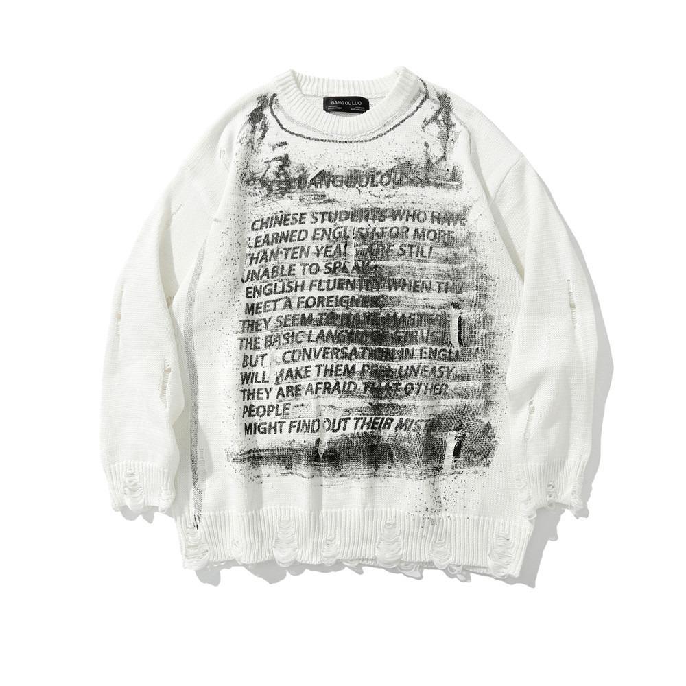 Свитер с принтом букв Diablo Rip для мужчин Ins High Street Trendy Brand Loose Crewneck Pullover