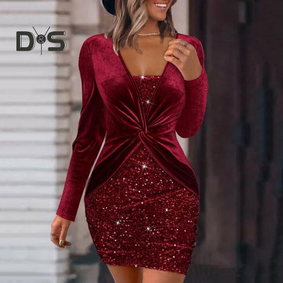 Женское платье для выпускного вечера с глубоким V-образным вырезом, облегающее, с высокой талией, плиссированное, блестящее, с длинными рукавами, длиной выше колена, облегающее мини-платье