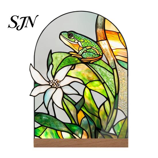 Stable Wooden Base Decoration Stained Glass Style Acrylic Table Centerpieces, Floral & Landscape Pattern Durable Desk Ornament Tabletop Sign with Wood