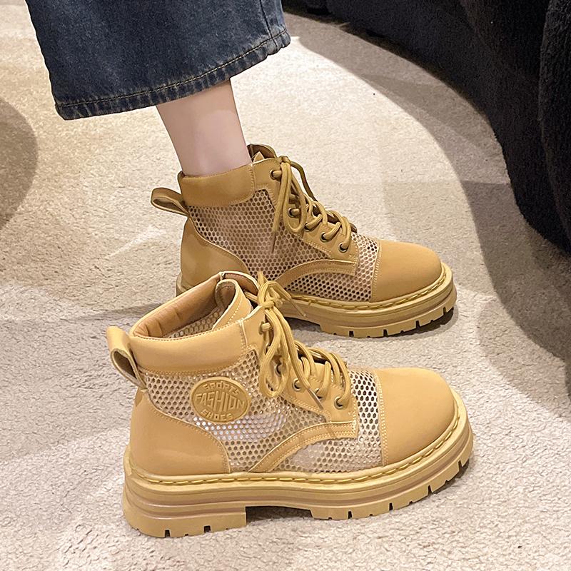 Ботильоны из дышащей сетки для женщин, модные желтые повседневные туфли на молнии со шнуровкой, женские ботинки на плоской платформе