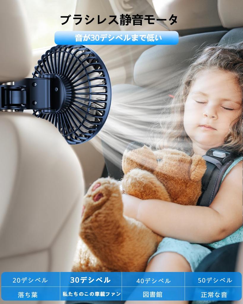 PANPHEN Car Fan, Rear Seat, 3 Levels of Air Flow Adjustment, 360° Rotation, 2-In