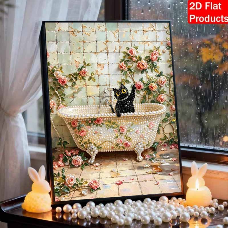 Набор для создания картины жемчугом «Искрящаяся Рамка» DIY с Черным Котом в Ванной 3D Картина из Бусин на Холсте Готовая к Размещению Декор для Стен Дома Подарочный Набор для Расслабления