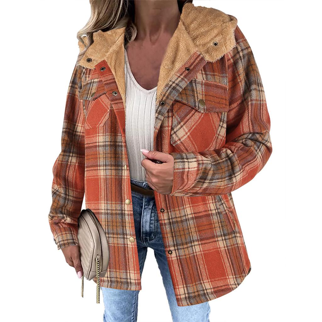 Женская мода и зима клетчатая куртка с коротким рукавом на пуговицах с капюшоном теплое пальто
