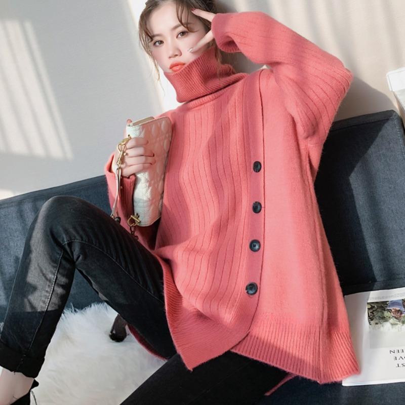 Осенние шикарные пуговицы, однотонные свободные пуловеры, женские свитера, модные, с длинным рукавом, повседневные, вязаные свитера, женские трикотажные топы, винтажные женские джемперы 25523