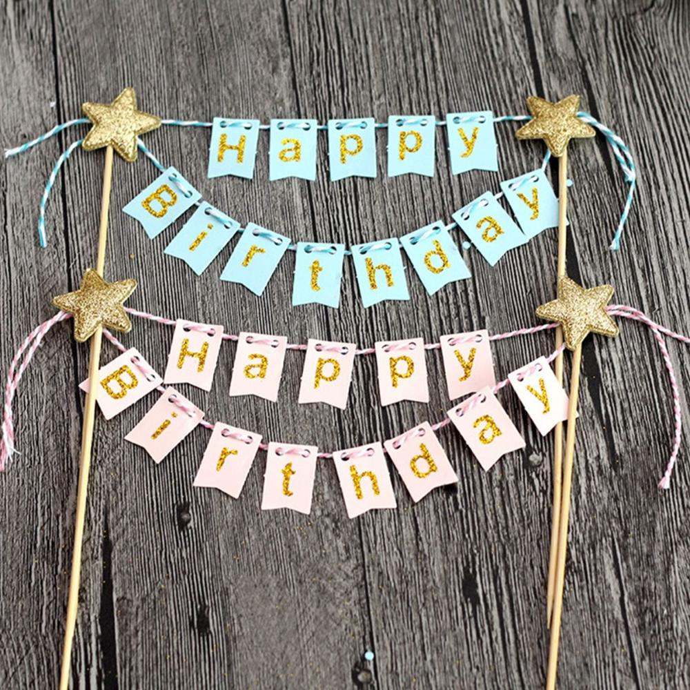 Adults Bunting Happy Birthday Gold Banner Baking Decoration Cake Flags Cake Topper Party Supplies
