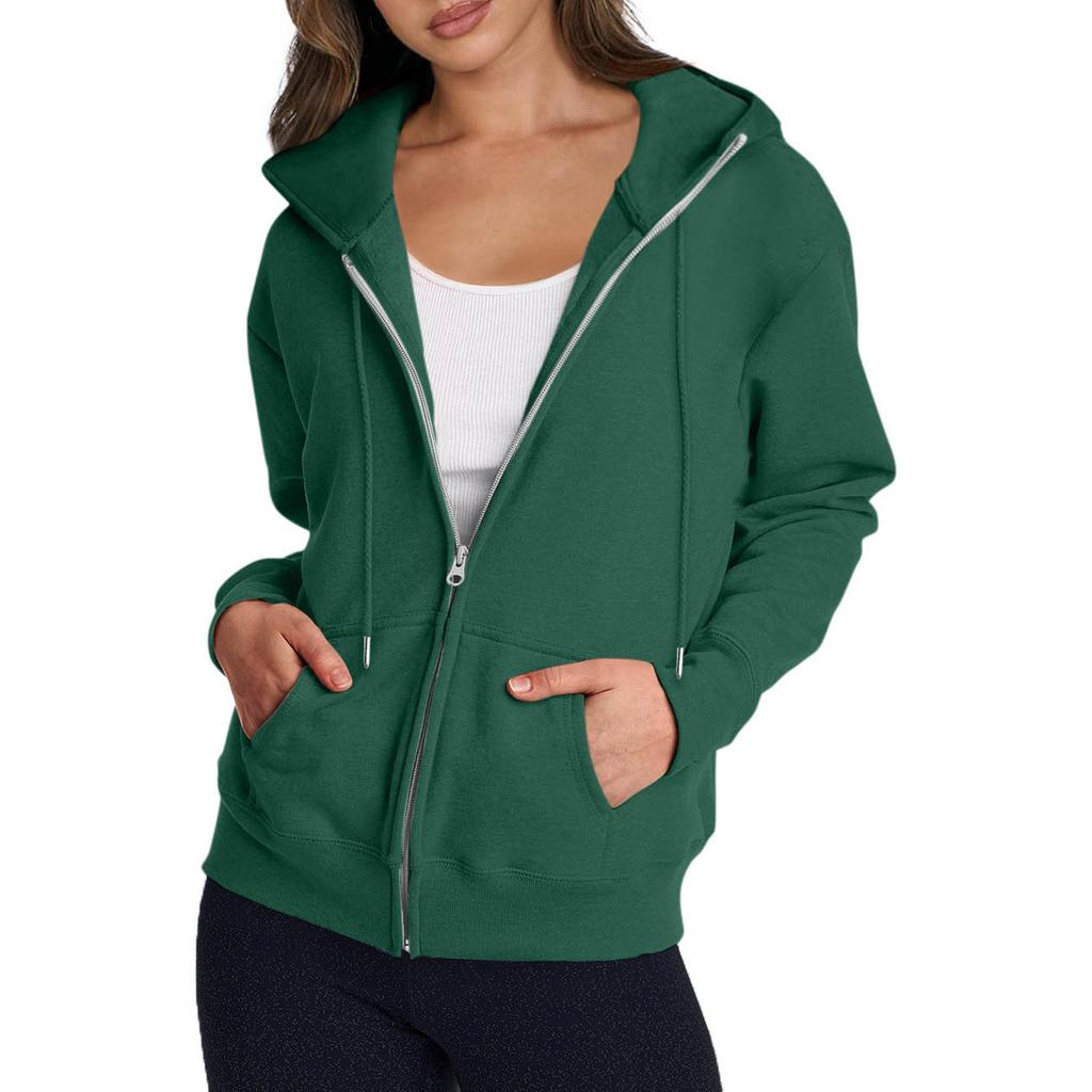 Women's Casual Fashion Solid Color Long Sleeved Zippered Hooded Sweatshirt
