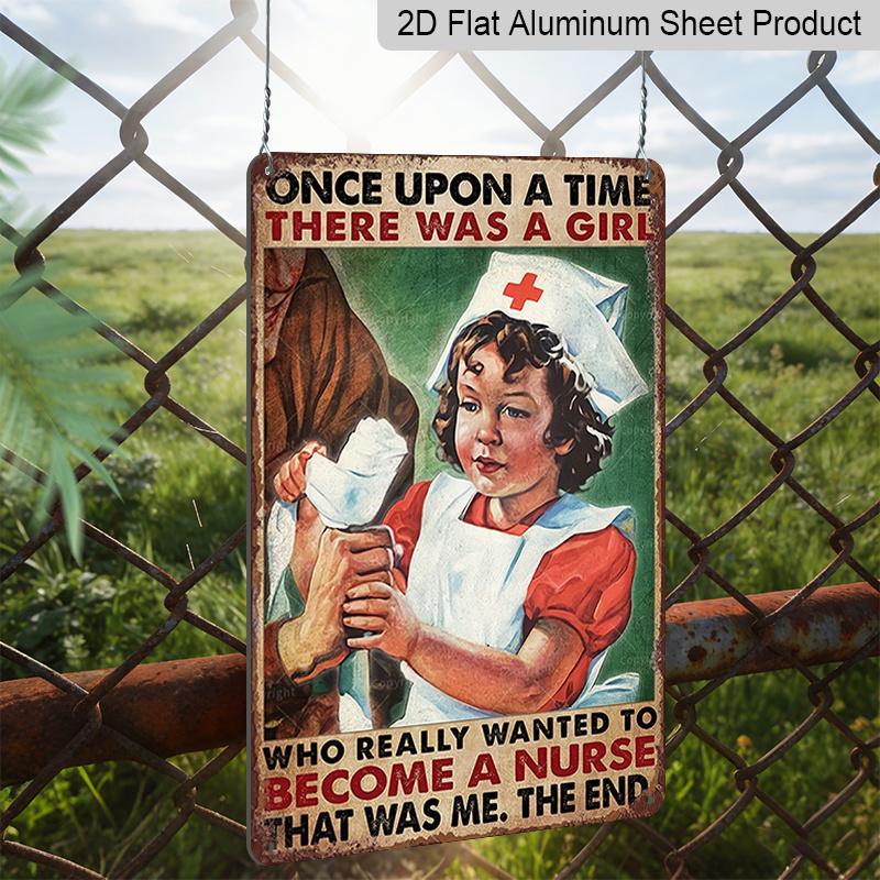 2D Flat 1pc Vintage Nurse-Themed Aluminum Sign - Retro style Metal Wall Decor with Red Cross Nurse, Weatherpro of Material & Pre-Drilled Holes - 8x12