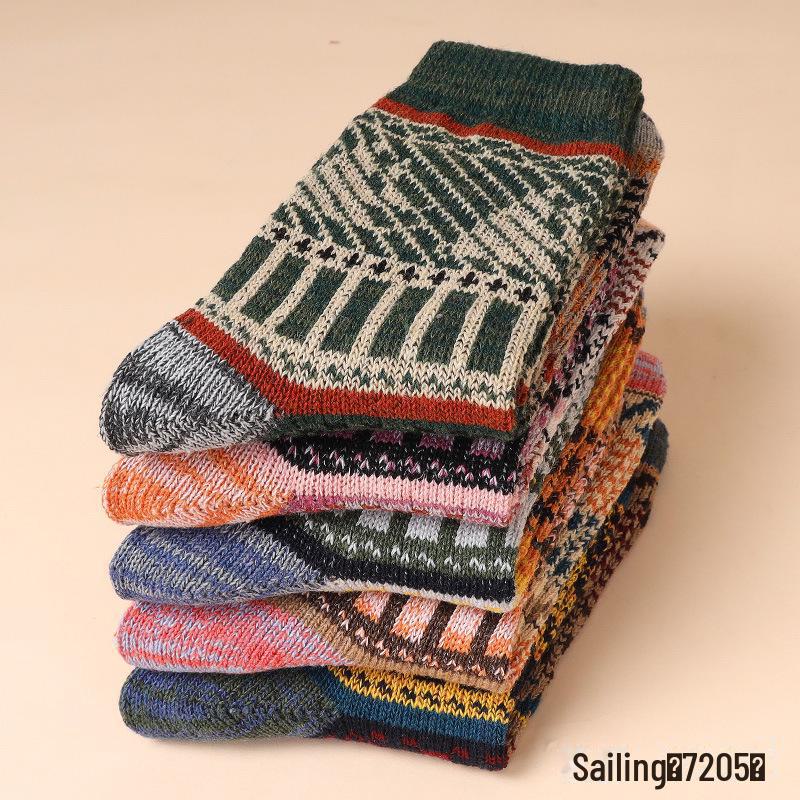 "Men's Retro Thick Thread Ethnic Style Mid-Tube Socks for Autumn & Winter (5-10 Pairs)"