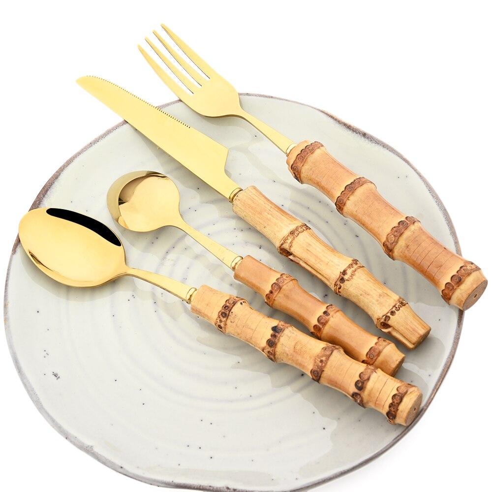 4 шт., набор столовых приборов с бамбуковой ручкой, набор посуды из нержавеющей стали, нож для стейка, вилка, кофейная чайная ложка, столовые приборы, кухонный набор посуды