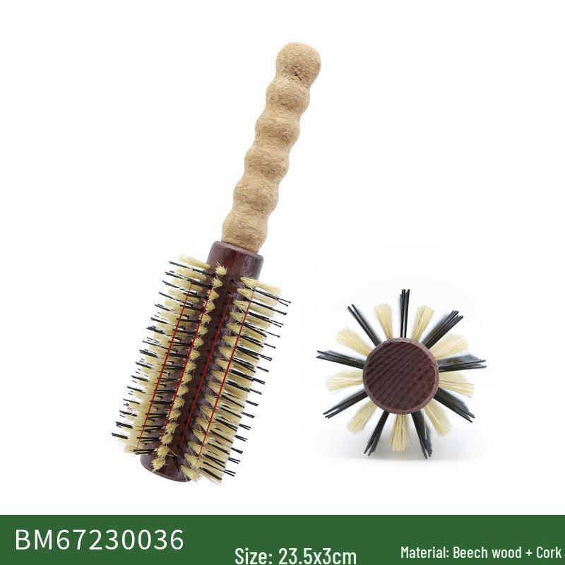 Beech Wood Wave Handle Pig Bristle Curling Comb with Cork Grip – Large Roller Styling Hairdressing Tool.