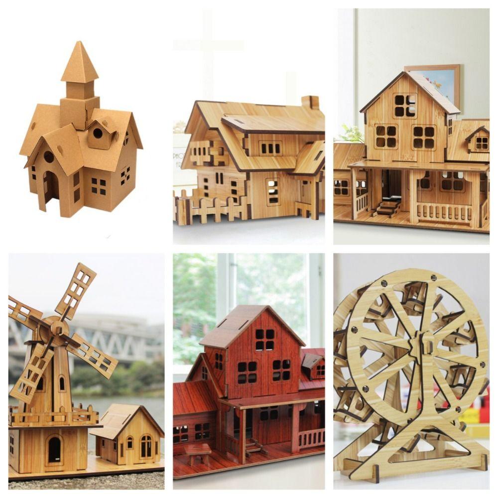Bamboo 3D Wooden Puzzle Villa House Windmill DIY Ferris Wheel Modle Montessori   Adult