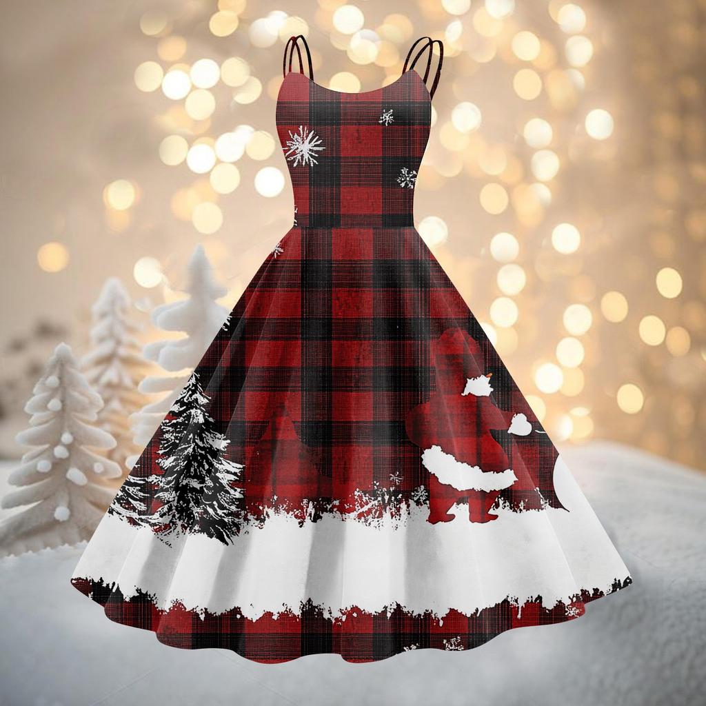 Women's Fashion Christmas Printed Sexy Strapless Gothic Cocktail Dress Punk, Vintage Dress