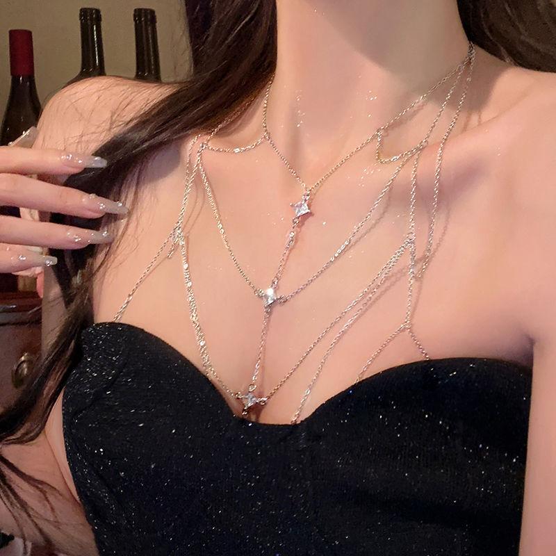 European and American zircon jewelry, chest chain, tassel bra, multi-layer layered chest chain, necklace, personalized, fashionable and sexy