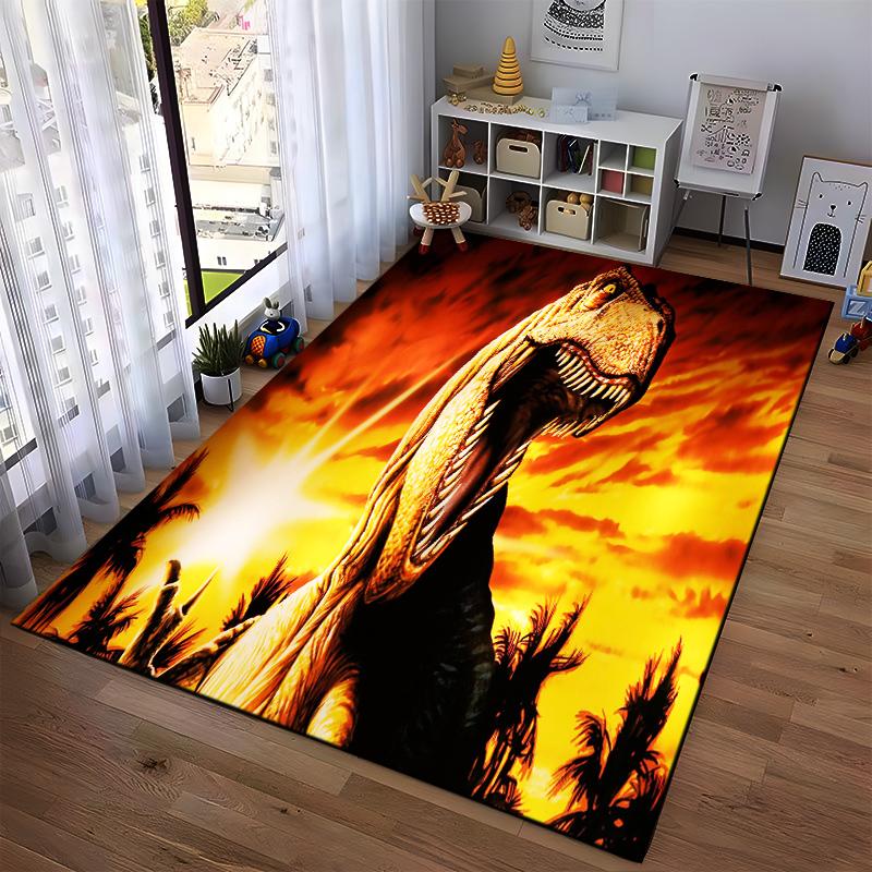 Realistic Dinosaur Print Carpet with Sunset Background and Palm Tree Silhouettes" Suitable for use as an anti-slip1 for1room and bedroom sofas