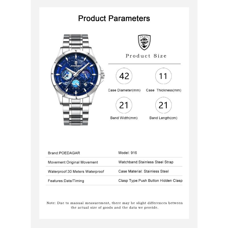 POEDAGAR Брендовые модные кварцевые часы Starry Sky Chronograph с ремешком из нержавеющей стали и кожи, водонепроницаемые, с подсветкой, мужские часы