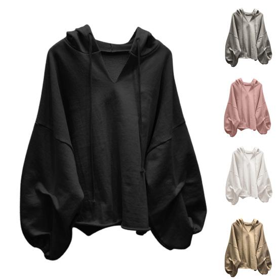 Однотонное худи с кулиской, осеннее, с рукавами «летучая мышь», с V-образным вырезом, женский свитшот, уличная одежда