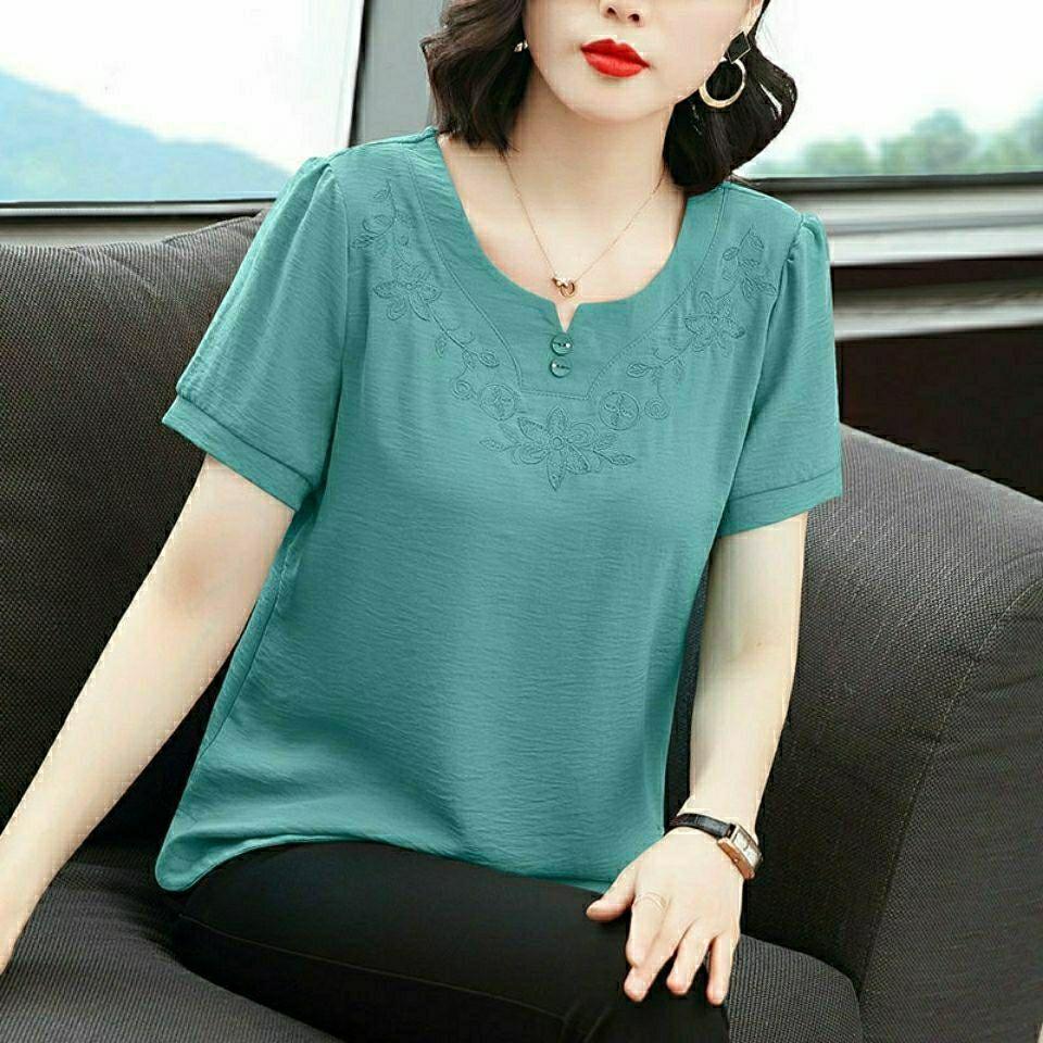 Шифоновая рубашка с короткими рукавами, новая летняя свободная футболка для матери среднего возраста, женский топ с круглым воротником