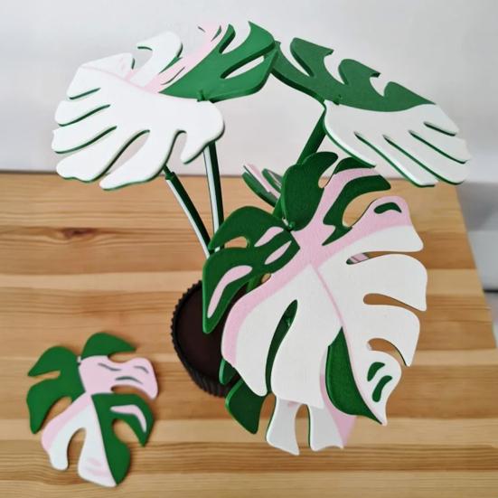 6Pcs 3D Printed Monstera Leaf Coaster Set Detachable Plant-Themed Drink Pads with Hidden Storage Pot Unique Home Decor Gift for Plant Lovers