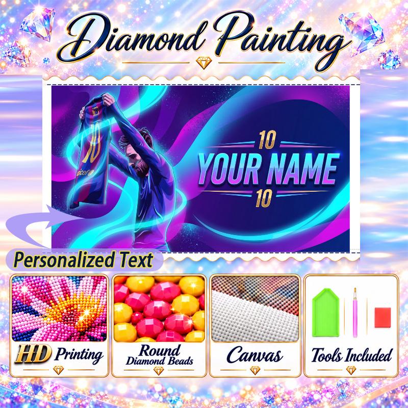 Lionel Messi 5D DIY Diamond Painting Custom Name Text, Full Drill Rhinestone Mosaic Art Home Gift