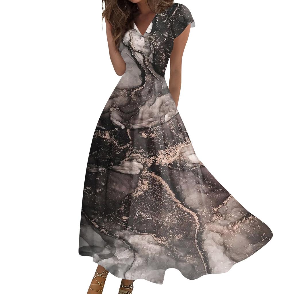 Женское длинное повседневное платье. Летнее платье с короткими рукавами и v-образным вырезом на талии с принтом.