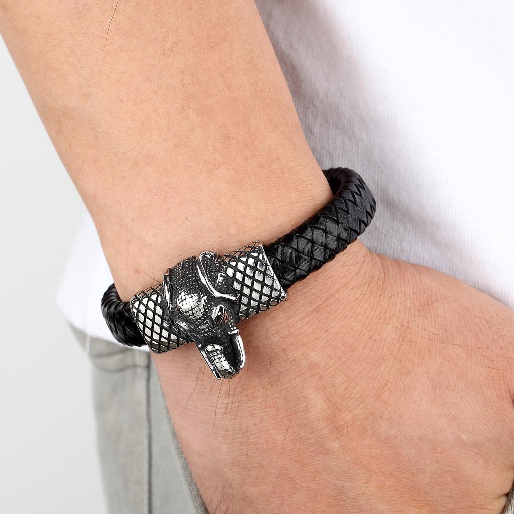 Европейский и американский ретро-браслет из нержавеющей стали со слоном и совой, черный плетеный браслет из натуральной кожи