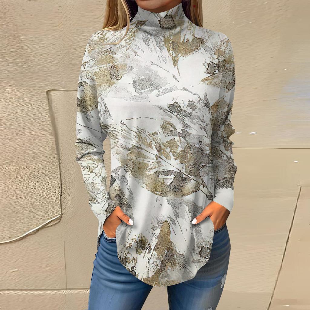 Женская модная повседневная футболка с длинным рукавом с высоким воротом и принтом, пуловер, топ