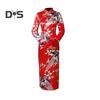 Women Dress Chinese National Style Floral Print Stand Collar Three Quarter Sleeves High Side Split Chinese Knot Buttons Cheongsam Satin Silky Slim