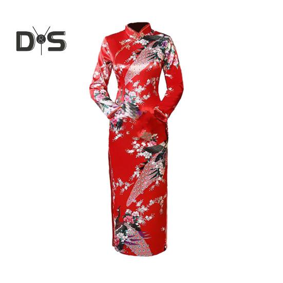 Women Dress Chinese National Style Floral Print Stand Collar Three Quarter Sleeves High Side Split Chinese Knot Buttons Cheongsam Satin Silky Slim