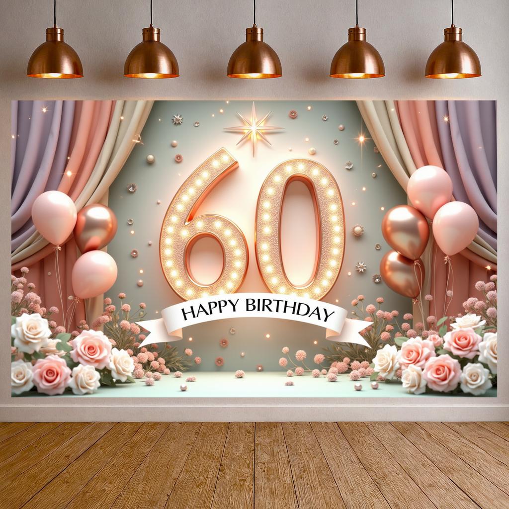 Баннер для празднования дня рождения Тема 60-летия Счастливого 60-летия Баннер с блестящими украшениями Для домашней вечеринки Фотосессии