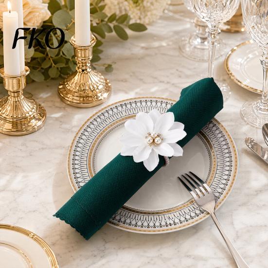 Napkin Ring 6Pcs White Lotus Rings, Chiffon Flower Metal Holders, Faux Soft Fabric Pearl Dinner Rings for Wedding Bridal Shower Table