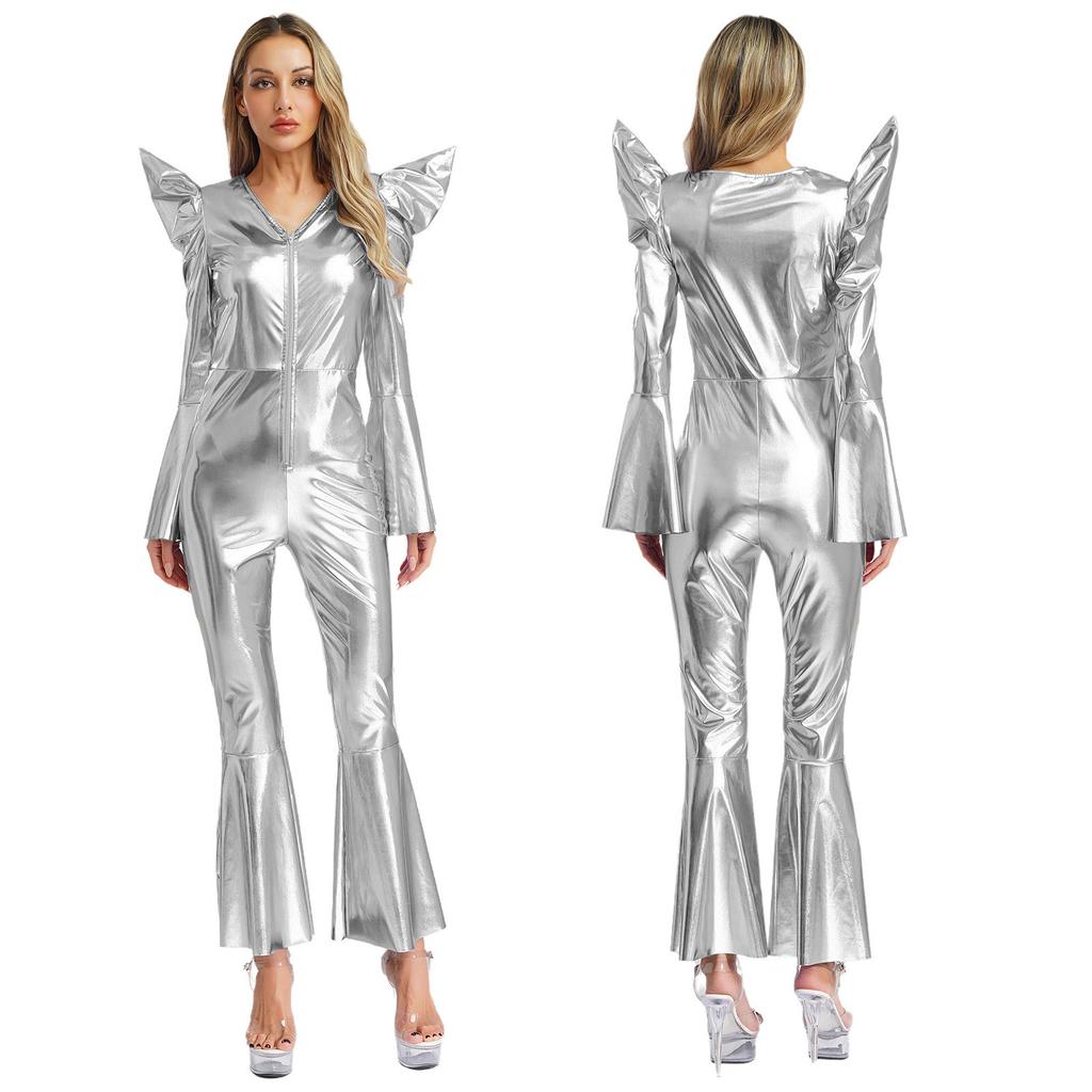 Metallic Shiny Bell Bottom Jumpsuit for Women S-3XL: Disco Style Romper with High Waist & Long Sleeves, Halloween Costume