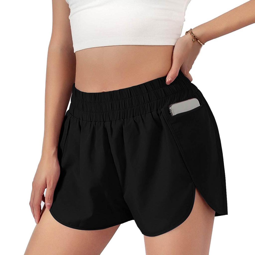 Women's Athletic Shorts Female Running Shorts Pocket Sporty Short Gym Elastic Workout Shorts